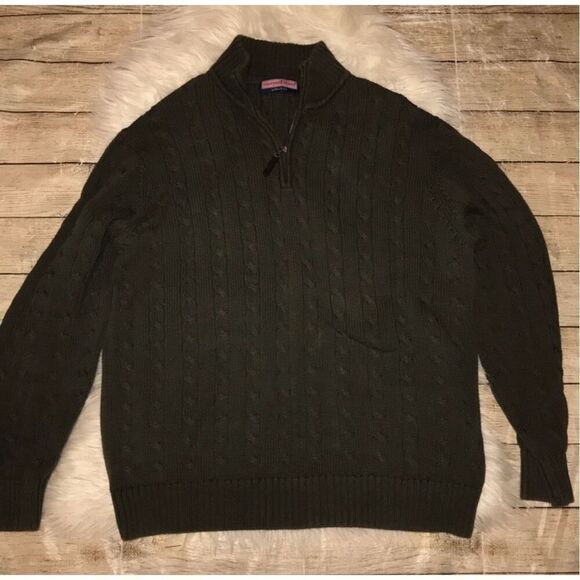 Vineyard Vines Men’s Chunky Quarter Zip Sweater Cable knit Olive Green READ L - Picture 1 of 8